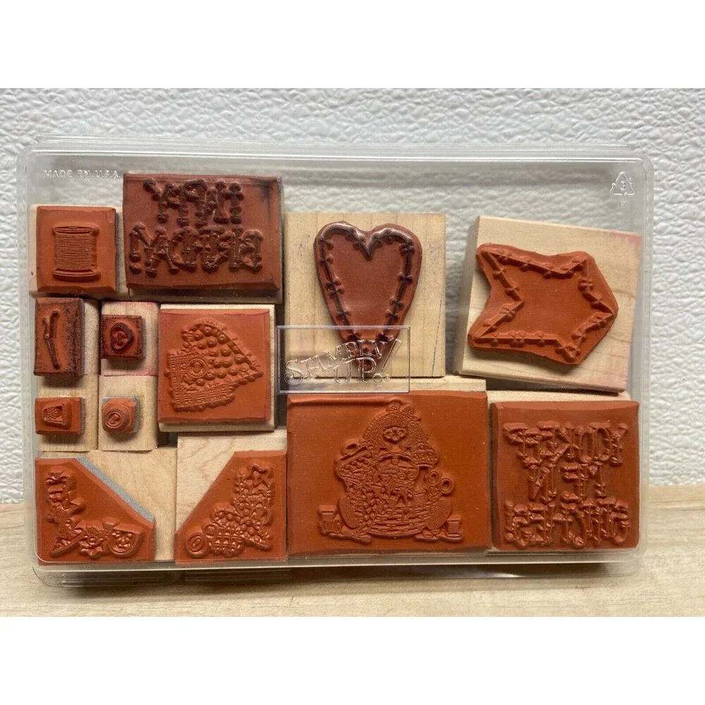 Set Of 13 Mixed Brands Wood Mounted Rubber Stamps - Picture 2 of 4